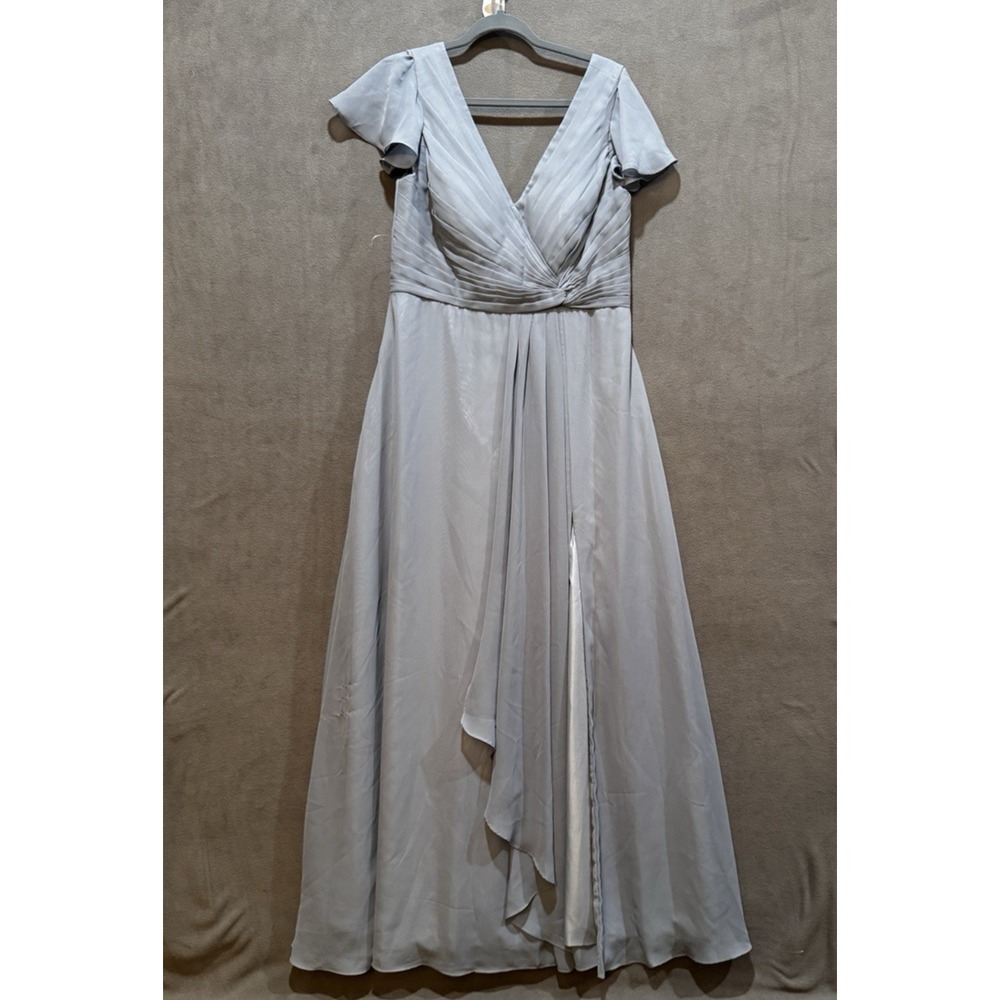 Lavetir Dusty Blue Chiffon Maxi Dress Corset Back Flutter‎ Sleeve Slit Size 14